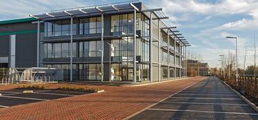 An exterior view of a glass building